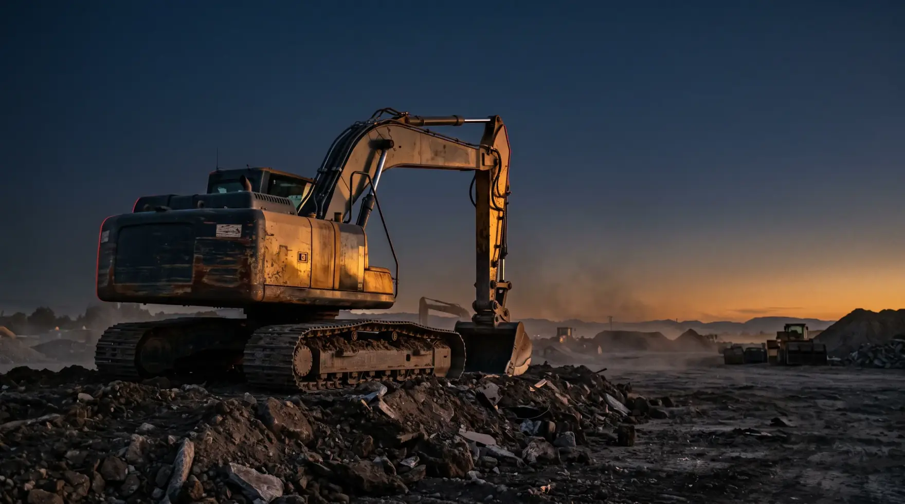 Excavadora en obra al anochecer, cielo azul profundo y luz cálida